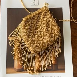 Vintage Stephanie Brand Gold Beaded Fringe Cocktail Evening Mini Purse